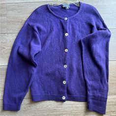 Cute Purple Cardigan Women Size M New And Never Worn Crew Neck Cashmere Sweater With Buttons, Cashmere Crew Neck Sweater With Buttons, Casual Cashmere Tops With Buttons, Purple Winter Cardigan For Work, Purple Winter Workwear Cardigan, Purple Wool Long Sleeve Sweater, Purple Fall Cardigan With Button Closure, Purple Wool Sweater For Winter, Purple Wool Winter Sweater