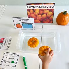 a child's hand is picking up some pumpkins from a tray on a table