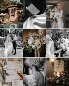 black and white wedding collage with bride and groom in front of the house, flowers on