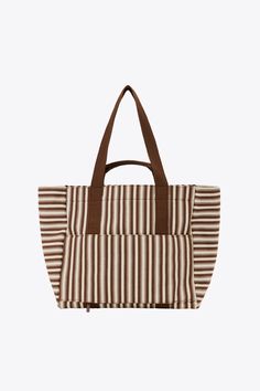 Striped Travel Bags For Summer, Striped Beach Bag For Everyday Summer Use, Brown Travel Bag With Striped Lining, Rectangular Vacation Bag With Striped Lining, Travel Tote Shoulder Bag With Striped Lining, Rectangular Vacation Bags With Striped Lining, Beach Tote Shoulder Bag With Striped Lining, Summer Beach Bag With Striped Lining, Rectangular Beach Bag With Striped Lining For Travel