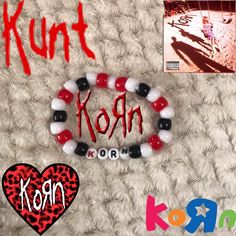 two bracelets that have been made to look like the words run and korn on them