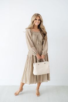 Autumn Romance Dress Beige Long Sleeve Midi Dress With Gathered Sleeves, Fall Linen Midi Dress For Brunch, Beige Midi Dress With Smocked Bodice, Beige Smocked Bodice Midi Dress, Spring Taupe Midi Dress, Fall Beige Midi Dress With Square Neck, Fall Beige Square Neck Midi Dress, Beige Square Neck Midi Dress For Fall, Neutral Midi Dress For Fall Brunch