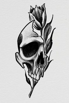 a black and white drawing of a skull with a rose on it's head