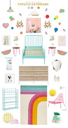 a collage of pastel furniture and decor in various colors, shapes, and sizes