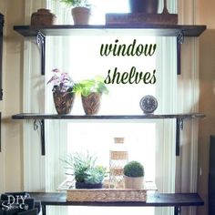 three shelves with plants on them in front of a window that says window shelvings