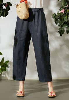 "Another pair of pants you will fall in love with. Just right voluminous, slightly cropped, the wider leg opening compared to our tapered pants, and front seaming details, all these features make this linen pants comfy and chic. * Prewashed medium weight linen * Slightly drop crotch * Comfort mid-rise * Cropped&wide leg * Two deep side pockets * Elastic waistband * Front leg seaming details * Listing colors: Black and Terracotta Please provide your natural waist, lower hip measurements and y Casual Linen High-waisted Wide Leg Pants, Ankle-length Linen Harem Pants With Pockets, Non-stretch Linen Harem Pants With Straight Leg, Baggy Flax Bottoms For Spring, Wide-leg Linen Harem Pants For Work, Non-stretch Linen Wide Leg Ankle-length Pants, Non-stretch Linen Wide Leg Pants Casual, Solid Linen Ankle-length Harem Pants, Casual Non-stretch Linen Wide Leg Pants