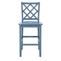 a blue bar stool with an x back and seat on the front, against a white background