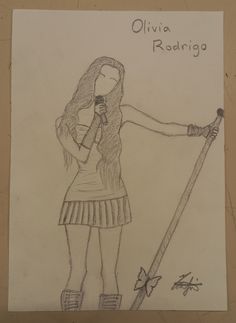 a drawing of a girl holding a stick and looking at her cell phone with the caption's name written on it