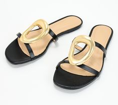 These low strappy slides give off country club-chic vibes. An easy, equally elegant swap for heels or your go-to flip-flops. From Cecelia New York. Chic Beach Mules With Buckle Closure, Chic Gold Slides For Beach, Chic Gold Slides For Vacation, Chic Adjustable Slides, Chic Adjustable Open Toe Slides, Chic Adjustable Slide Sandals, Chic Flat Slides For Day Out, Chic Adjustable Sandals With Cushioned Footbed, Chic Summer Mules With Buckle Closure