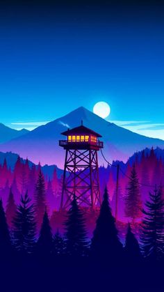 a painting of a tower in the middle of a forest with mountains and trees at night