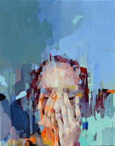 an abstract painting of a man's face and hands with buildings in the background