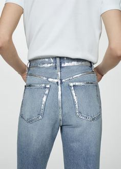 Turned-up straight jeans - Women | Mango USA Metallic Straight Leg Jeans With Five Pockets, Metallic Straight Leg Denim Jeans, Metallic Denim Bottoms, Metallic Straight Leg Jeans For Spring, Spring Metallic Straight Leg Jeans, Trendy Metallic Denim Bottoms, 2024 Ideas, Mango Outlet, October 25