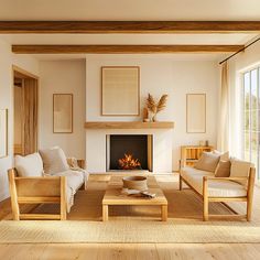 a living room filled with furniture and a fire place in the middle of a room