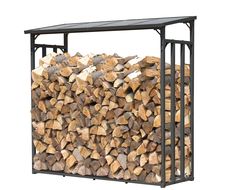 a large stack of logs sitting under a black metal frame on top of a white background