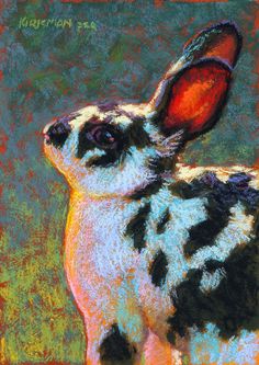 a pastel drawing of a black and white rabbit with orange spots on it's ears