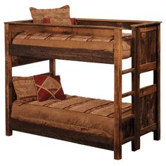 a wooden bunk bed sitting next to a pillow