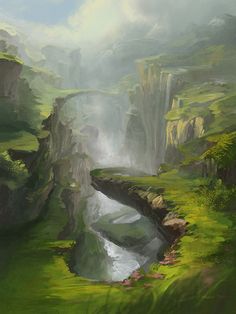 an artistic painting of a waterfall in the middle of a green valley with water flowing from it