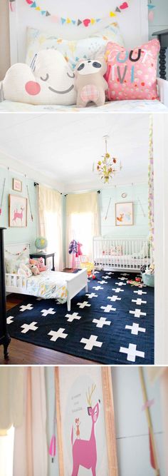 a baby's room with blue walls and white furniture