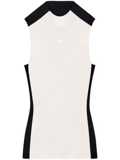 white/black ribbed knit two-tone design embroidered logo to the front high neck sleeveless straight hem High Neck Sleeveless, City Dress, Ribbed Tank Top, Airport Fashion, Ribbed Tank Tops, Van Cleef Arpels, Ribbed Tank, Summer Beach Wear, Black Rib