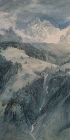 a painting of mountains and trees in the distance with snow on them, under a cloudy sky