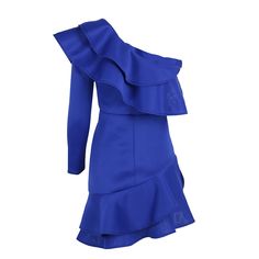 One Shoulder Ruffle Bodycon Dress | Slim Dress - Zorket Long Sleeve Ruffled Club Dress, Long Sleeve Ruffled Bodycon Party Dress, Blue Ruffled Bodycon Mini Dress, Blue Bodycon Mini Dress With Ruffles, Blue Fitted Mini Dress With Ruffles, Royal Blue Long Sleeve Mini Dress, Blue Ruffled Bodycon Party Dress, Blue Ruffled Bodycon Dress For Party, Blue Stretch Bodycon Dress With Ruffles