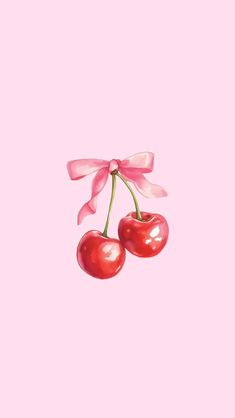 two cherries tied to a pink ribbon against a light pink background with the word love written on it