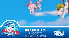 an advertisement for the peanuts movie featuring two poodles hanging from strings in the sky