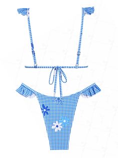 PRODUCT DESCRIPTIONEmbellishment:RufflesFeatures:Wire Free,Adjustable Shoulder Strap,Padded (Removable Pads),LinedMaterial:Polyester,SpandexNeckline:StrapsPattern Type:Floral,GinghamSwimwear Category:Bikini SetType:Triangle BikiniFabric Stretch:High Stretch Adjustable Blue Swimwear For Spring, Adjustable Blue Swimwear, Gingham Swimwear With Ruffles For Poolside, Gingham Swimwear With Ruffles For Vacation, Gingham Ruffled Swimwear For Poolside, Blue Ruffled Triangle Top Swimwear, Gingham Ruffled Swimwear For Vacation, Vacation Gingham Swimwear With Ruffles, Bright Swimsuit