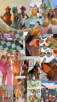 collage of women in swimsuits at the beach with drinks and food on trays