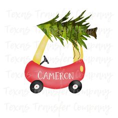 a red toy car with trees in it and the word'camera'on top