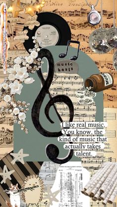 a collage with music notes, musical instruments and other things on top of it