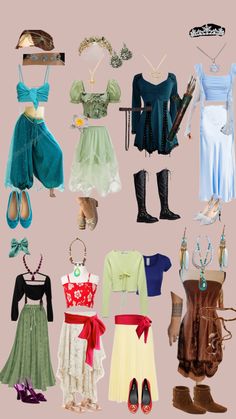 many different types of clothes and shoes hanging on a rack in front of a pink background