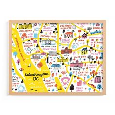 the washington dc map is shown in yellow and black, with colorful lettering on it