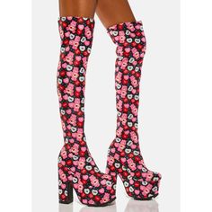 Platform Over The Knee Boots With Super Cute All Over Print Of Care Bears & Snarky Conversation Hearts. Brand New W/Out Box! Edgy Fitted Platform Boots For Spring, Fitted Edgy Platform Boots For Spring, Pink Knee-high Platform Boots For Spring, Spring Pink Knee-high Platform Boots, Pink High Heel Club Boots, Pink Knee-high Platform Boots For Party, Pink High Heel Boots For Club, Fitted Pink Platform Boots, Multicolor Platform Boots For Parties