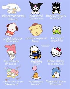 an image of hello kitty and other cartoon characters with their names in english or japanese