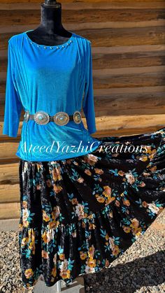 Native American outfit. Velvet top, sizes ranging from xs and up. Velvet tiered skirt made with an elastic waist band for any extra room needed. Sizes ranging from Xs and up. Native American Outfit Women, Aztec Clothing, Native Clothing, Velvet Outfit, Native American Clothing, Skirt Inspiration, Ribbon Skirts, Velvet Clothes, Womens Skirts