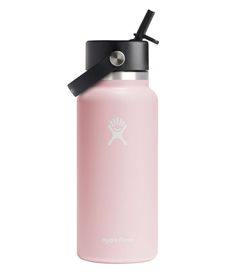 the hydro flask water bottle is pink with a black lid and stainless steel spout