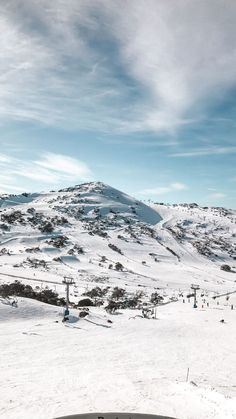 a group of people riding skis on top of a snow covered slope in the mountains