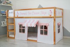 By adding curtains to your Ikea Kura bed, you can turn it into a cozy place for playing, reading or sleeping. It creates an amazing atmosphere for your child. You can create a pretend Ice Cream Shop for your little one. For these curtains you need rods, you can find them here: https://www.etsy.com/listing/1402986658/ikea-kura-bed-curtains-rod-wooden-rod?click_key=615cb5c29eee64aabde59cd0629eb4ce70490faf%3A1402986658&click_sum=aa5a1b5b&ref=shop_home_active_23&crt=1 With curtain you will get self- Kura Curtains, Tent Canopy Bed, Cama Ikea Kura, Bunk Bed Curtains, Loft Bed Curtains, Ice Cream Play, Shop Curtains, Bunk Bed Canopy, Ikea Kids Room