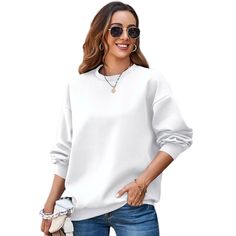 White Crew Neck Pullover Sweatshirt White Casual Drop Shoulder Sweatshirt, Casual White Drop Shoulder Sweatshirt, White Drop Shoulder Casual Sweatshirt, Plain White Sweater For Fall, White Plain Sweater For Fall, Plain White Fall Sweater, White Crew Neck Sweatshirt For Fall, White Drop Shoulder Sweatshirt With Ribbed Cuffs, Plain Relaxed Fit Crew Neck Sweater