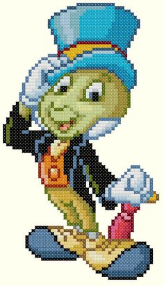 a cross stitch cartoon character with a hat on