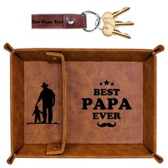 the best papa ever keychain has a leather case with an image of a man and his dog on it