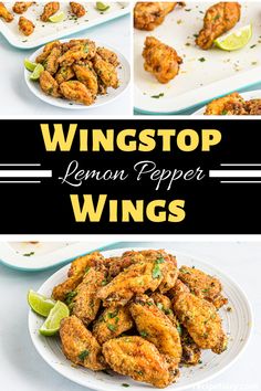 wingstop lemon pepper wings on a plate with lime wedges and cilantro