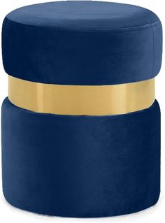 a blue ottoman with gold trim on the top and bottom, sitting in front of a white background