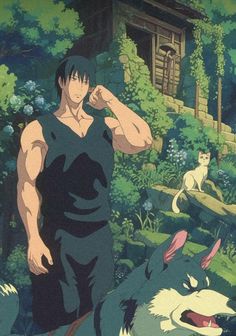 an anime character standing in the woods with his arm up to his face and two other animals behind him