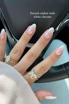 Proposal Nails French Tip, Cute Soft Almond Nails, Aesthetic Almond Nails Simple, Bridal Nails Almond Shape Ombre, Clean Nail Art Classy, Wedding Day French Manicure, Nails Acrylic Clean Girl, French Top Chrome Nails, Nail Ideas 2023 Almond