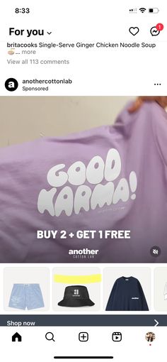 a t - shirt with the words good karma on it and other items for sale