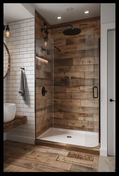 a bathroom with wood flooring and white tile on the walls, along with a walk in shower