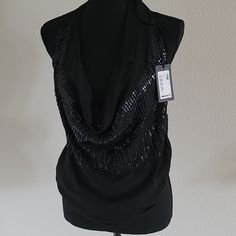 Patrizia Pepe Seraembroidered Delicate Sequence Size 42 Eubackless Halter Luxury Embellished Sleeveless Top, Stretch Embellished Black Tops, Black Sleeveless Embellished Tops, Black Embellished Sleeveless Tops, Stretch Embellished V-neck Tops, Poshmark Finds, Style Goals, Sequin Top, Upcycle Clothes