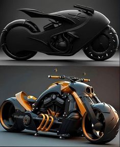 two views of an orange and black motorcycle